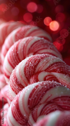Red and white candy canes with sugar crystals. AI.