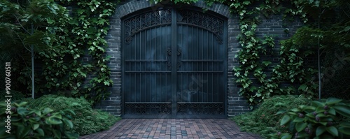 A gate with a black iron gate and a green vine growing on it