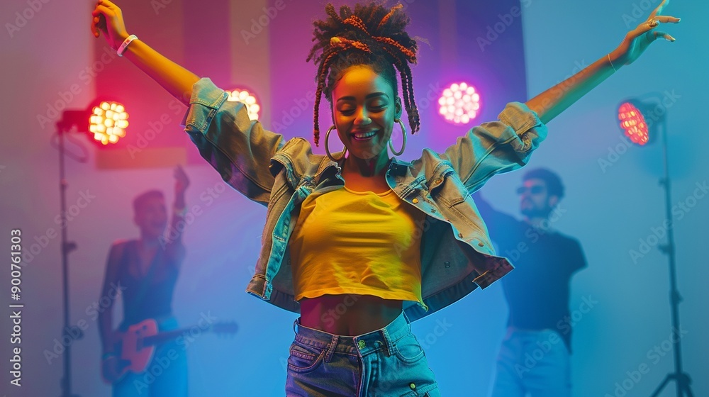 Fototapeta premium A vibrant young woman with an infectious smile dances joyfully under colorful studio lights.