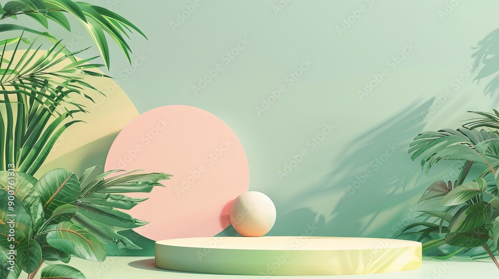 Fototapeta premium A green and pink background with a white ball and a pink circle
