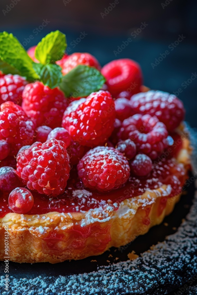 A raspberry tart topped with powdered sugar and a sprig of mint. AI. A raspberry tart topped with powdered sugar and a sprig of mint. AI.