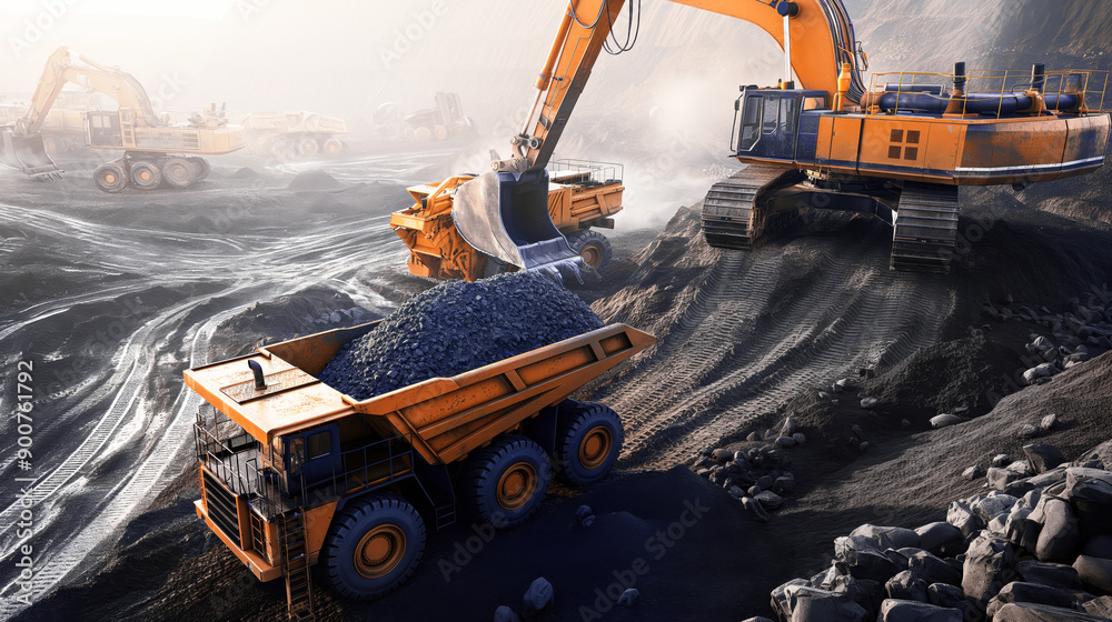 Transporting Rocks Large construction equipment at a mining site, including excavators and ...