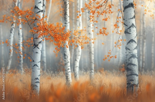 Birch Trees in Autumn Fog