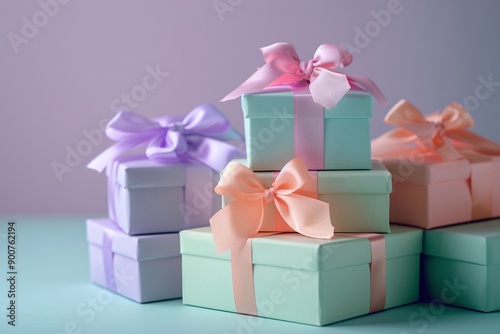 Pastel square gift boxes with ribbons stacked on blue and purple background. Studio still life photography. Gift wrapping and presentation. Birthday and celebration. Design for posters, cards, invitat photo