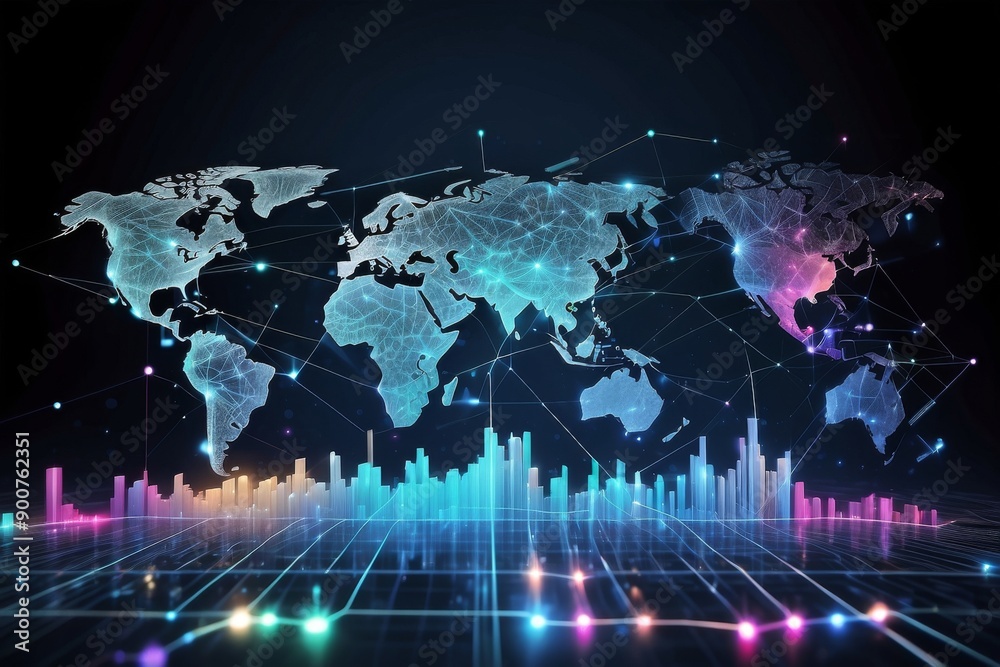 Digital world map with glowing connections and data charts Digital world map with glowing connections and data charts