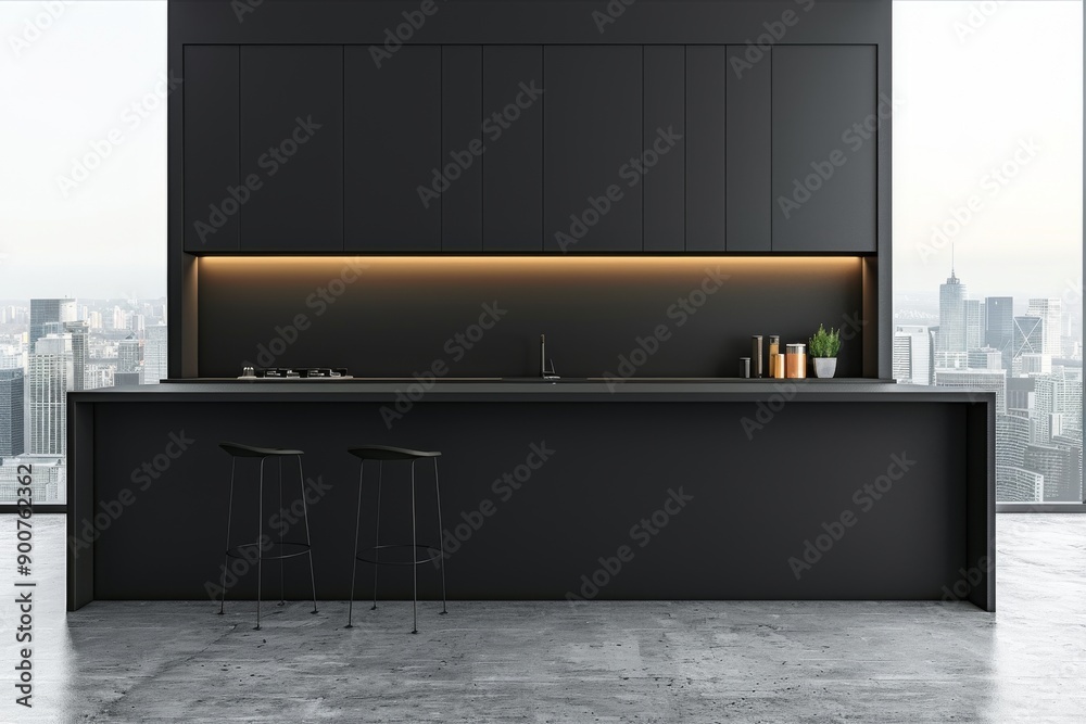 Naklejka premium Modern minimalist black kitchen with sleek design, wooden accents, and large windows, stylish and contemporary interior