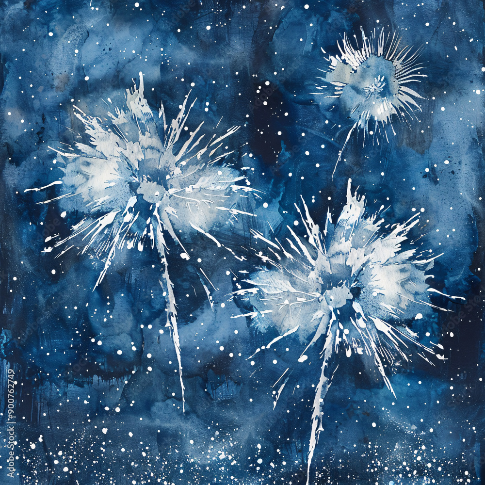 Fototapeta premium Shimmering Silver and Blue Fireworks Watercolor Splash, Celebratory Photography Background