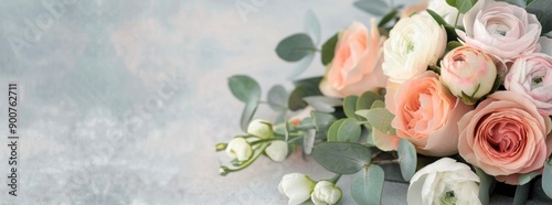 Peach and White Ranunculus Bouquet on Gray Background