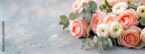 Peach and White Ranunculus Bouquet on Gray Background