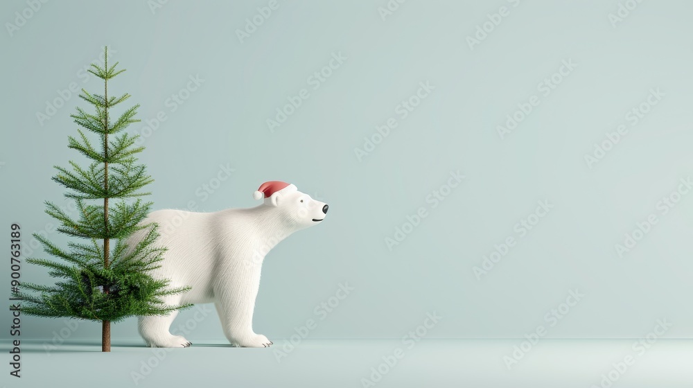 A 3D cartoon polar bear wearing a Santa hat, standing next to a Christmas tree, with copy space, high-resolution photo, realistic photo A 3D cartoon polar bear wearing a Santa hat, standing next to a Christmas tree, with copy space, high-resolution photo, realistic photo