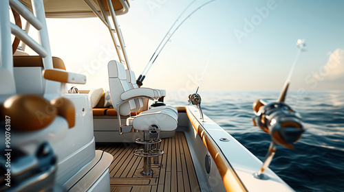 Close-up of a fishing boat's interior featuring cushioned seats and fishing rods with the ocean and blue sky in the background.