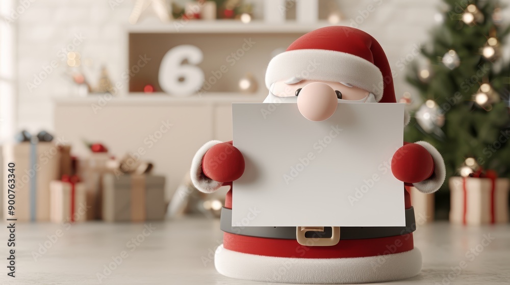 Fototapeta premium A 3D cartoon scene of Santa Claus reading a list in his cozy living room, with copy space, high-resolution photo, realistic photo