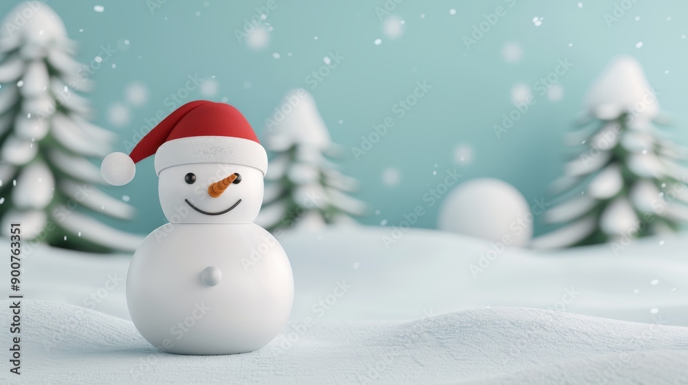 A 3D cartoon snowman with a carrot nose and a festive hat standing in a snowy landscape, with copy space, high-resolution photo, realistic photo A 3D cartoon snowman with a carrot nose and a festive hat standing in a snowy landscape, with copy space, high-resolution photo, realistic photo