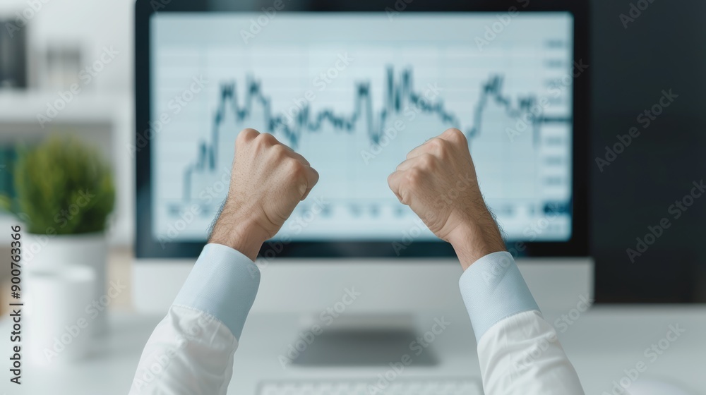 A businessman celebrating in front of a rising stock market graph on a computer screen, with copy space, high-resolution photo, realistic photo