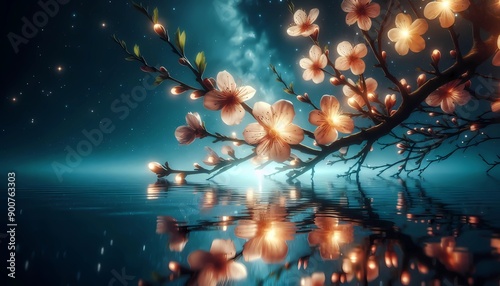 tree in water, A close up of a Almendra tree ( Prunus amygdalus ) on a nite lagun reflexion background,  Created with generative A.I.