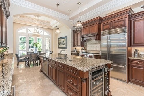 Luxurious traditional kitchen with dark wood cabinets, granite countertops, and elegant lighting, sophisticated and classic design
