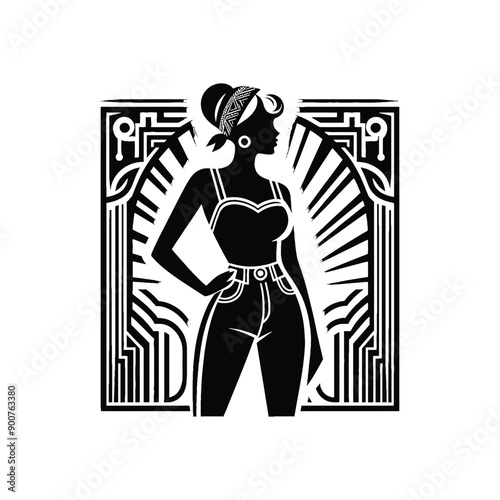 woman wearing retro fashion rockabilly look featuring a fitted top high waisted jeans and a bandana