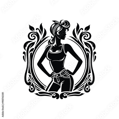 woman wearing retro fashion rockabilly look featuring a fitted top high waisted jeans and a bandana