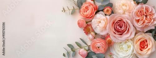 Pink and White Roses With Eucalyptus on White Background