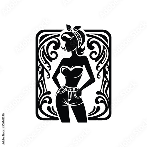 woman wearing retro fashion rockabilly look featuring a fitted top high waisted jeans and a bandana