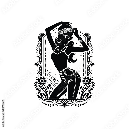 woman wearing retro fashion rockabilly look featuring a fitted top high waisted jeans and a bandana