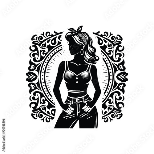 woman wearing retro fashion rockabilly look featuring a fitted top high waisted jeans and a bandana
