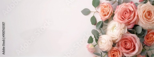 Pink and White Roses With Eucalyptus on White Background