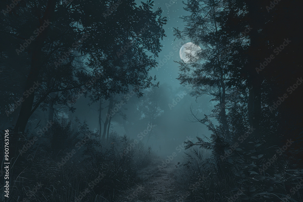 Fototapeta premium Dirt path is leading into a dark forest covered by fog on a spooky halloween night