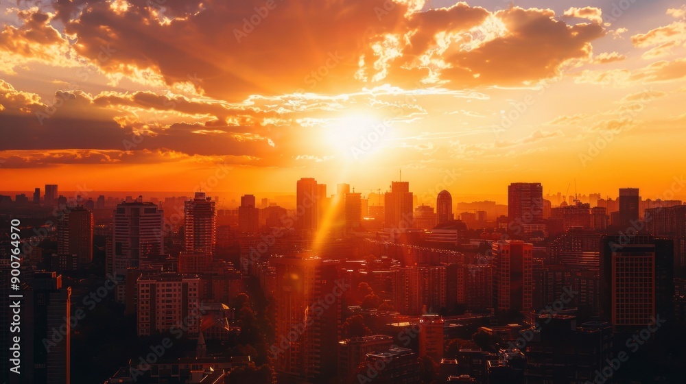 Fototapeta premium Cityscape Sunset with Golden Rays