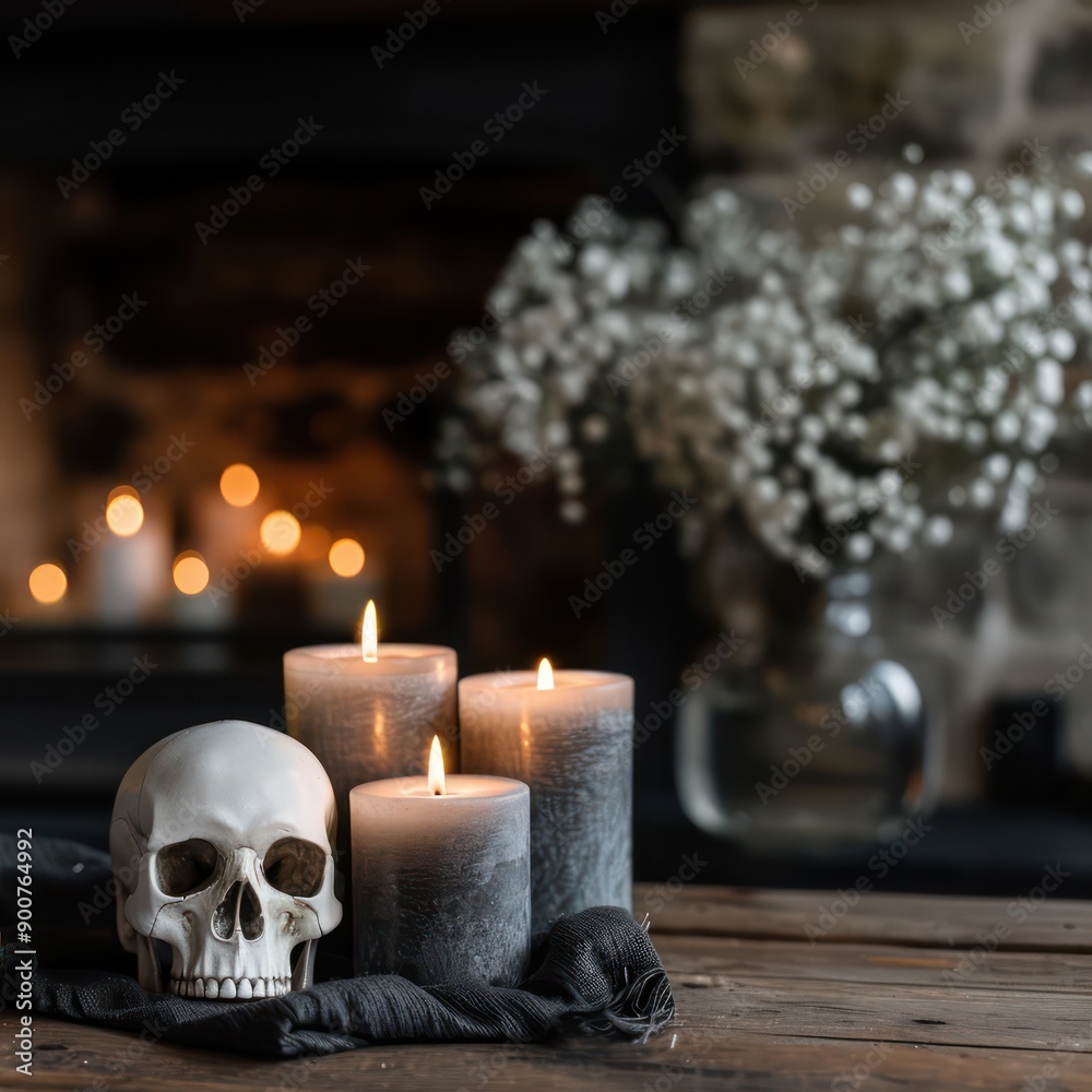 A skull is sitting on a table next to three candles. The candles are lit and the skull is surrounded by a black cloth. The scene has a spooky and eerie mood A skull is sitting on a table next to three candles. The candles are lit and the skull is surrounded by a black cloth. The scene has a spooky and eerie mood