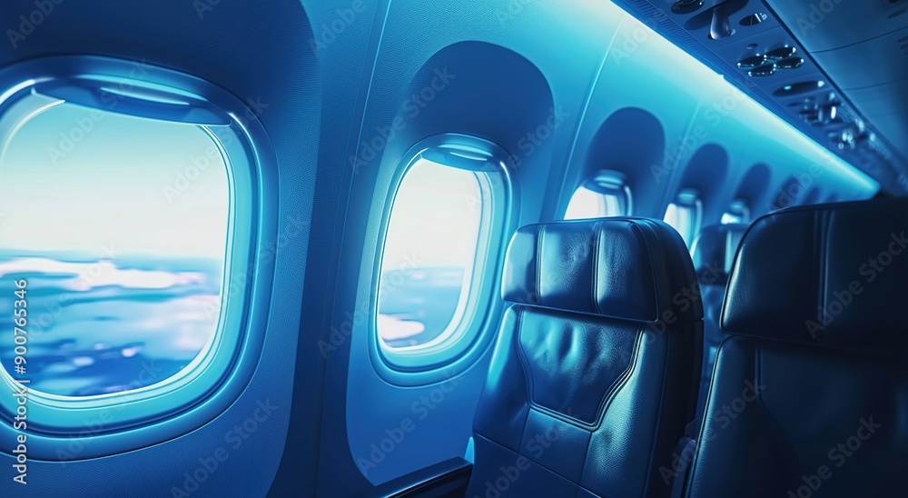 A blue airplane cabin with the seats lined up and windows on one side, with an open window showing clear skies outside. A blue airplane cabin with the seats lined up and windows on one side, with an open window showing clear skies outside.