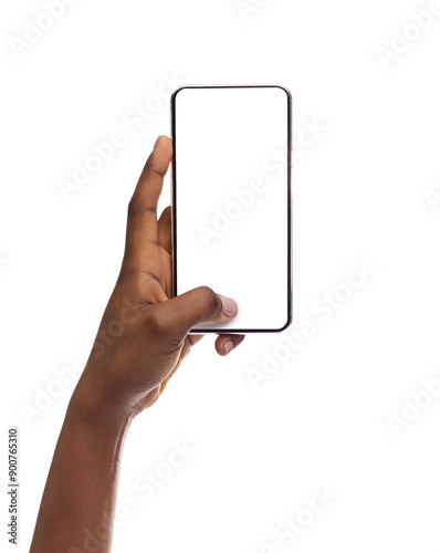 Mockup Image Of Smartphone With Blank Screen In Black Woman's Hand Isolated On White. © Prostock-studio