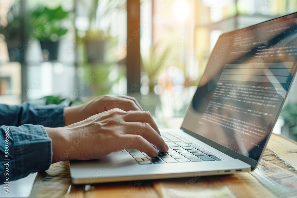 office worker's hands typing on laptop keyboard in bright office atmosphere office worker's hands typing on laptop keyboard in bright office atmosphere