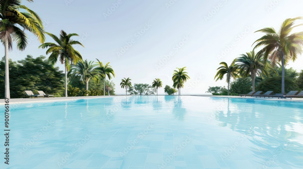 A pool with palm trees in the background. The pool is empty and the water is clear A pool with palm trees in the background. The pool is empty and the water is clear