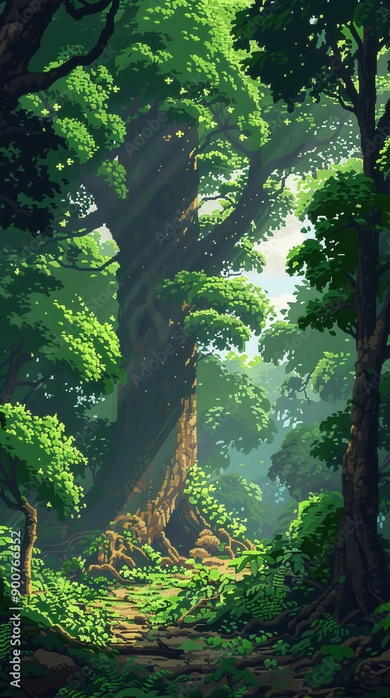 Fototapeta premium Pixel art ancient forest, towering trees, dense foliage, natural beauty