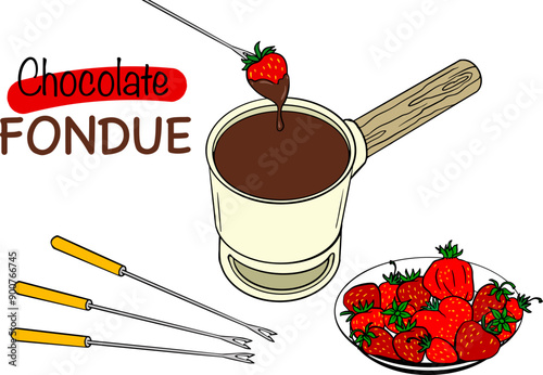 pot of chocolate fondue with strawberries and skewers. Perfect for menus, recipes, party invites, or food blogs.