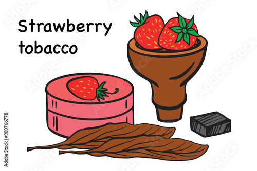 Colorful illustration of strawberry-flavored tobacco, featuring strawberries, a hookah bowl, and leaves. Ideal for packaging, ads, or product branding.