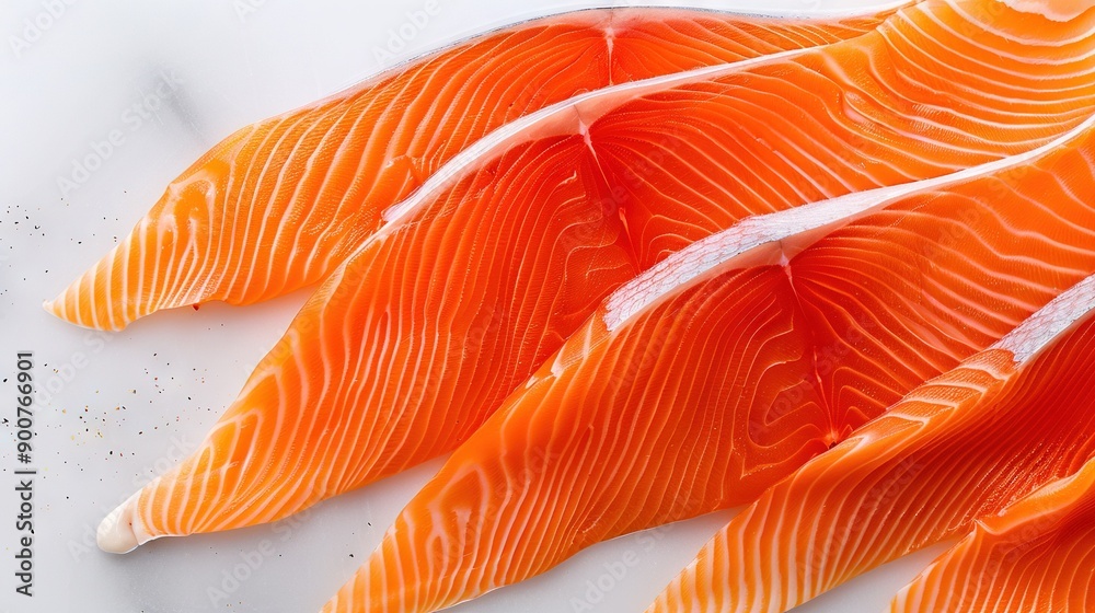 Salmon fillets stacked on white surface with salt & pepper sprinkles Salmon fillets stacked on white surface with salt & pepper sprinkles
