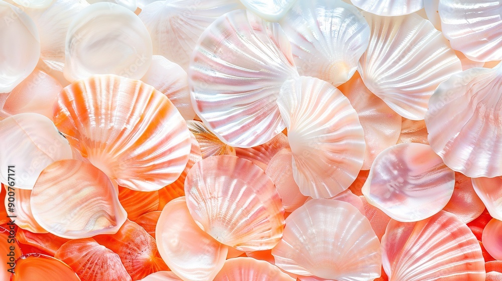   A heap of pink and white seashells, neatly arranged on top of one another, forms a pile