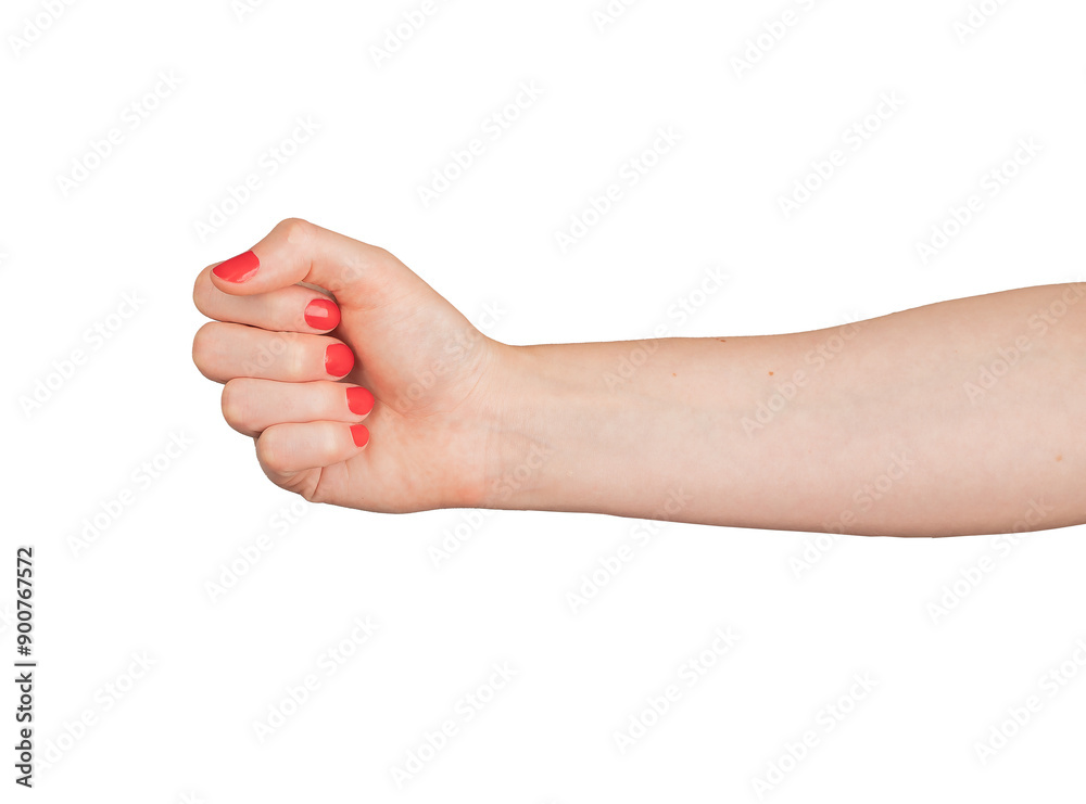 Fist gesture with closed hand. Arm and fingers in pose for communication, catching, grabbing. Woman with red manicure, elegant varnished nails, and body language. Isolated on white., transparent PNG Fist gesture with closed hand. Arm and fingers in pose for communication, catching, grabbing. Woman with red manicure, elegant varnished nails, and body language. Isolated on white., transparent PNG