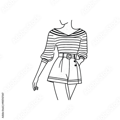 woman wearing retro fashion sailor inspired outfit with a striped top and high waisted shorts