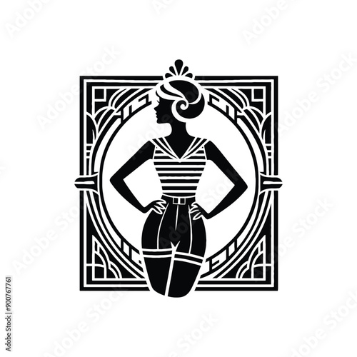 woman wearing retro fashion sailor inspired outfit with a striped top and high waisted shorts