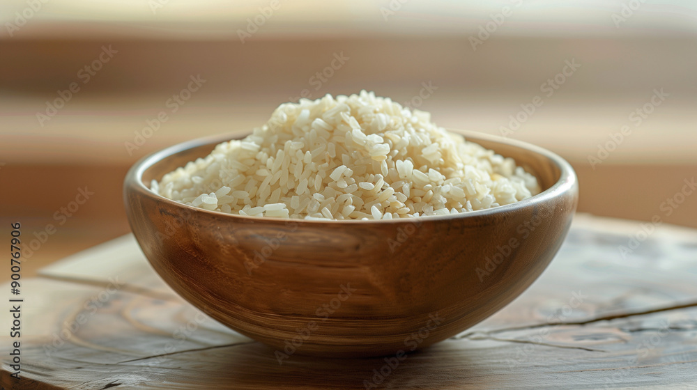 Wooden bowl with uncooked sushi rice on a brown wooden stump. Wooden bowl with uncooked sushi rice on a brown wooden stump.