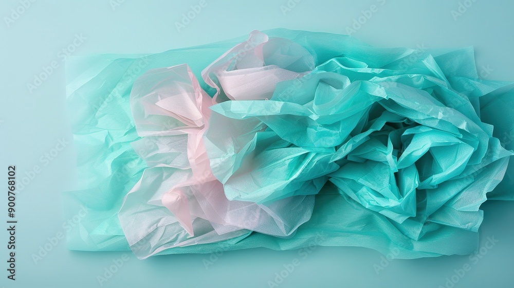 A mountain of tissue paper sits atop a blue tablecloth adorned with pink and blue tissue paper A mountain of tissue paper sits atop a blue tablecloth adorned with pink and blue tissue paper