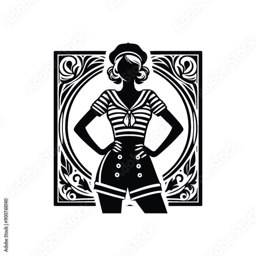 woman wearing retro fashion sailor inspired outfit with a striped top and high waisted shorts