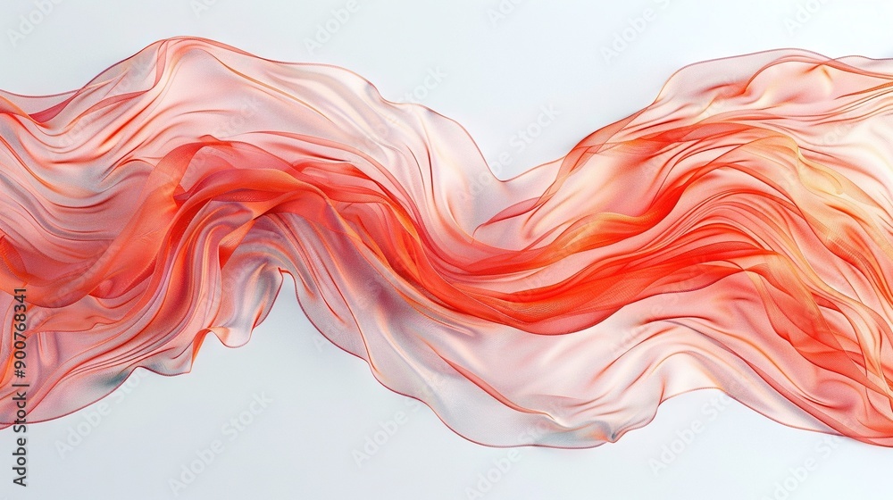 Abstract depiction of a red and orange wave atop a white backdrop with a blue sky in the distance Abstract depiction of a red and orange wave atop a white backdrop with a blue sky in the distance