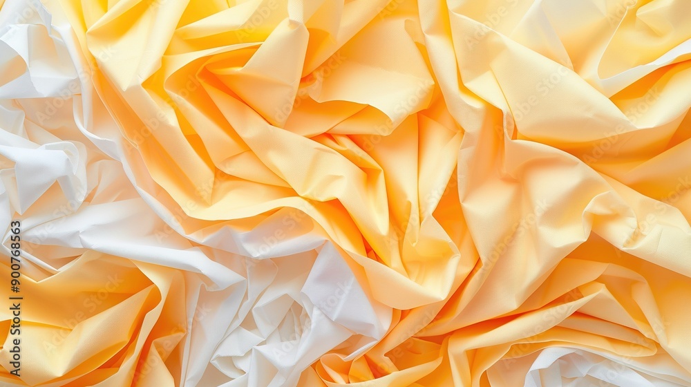 Close-up of yellow and white textured fabric with many wrinkles Close-up of yellow and white textured fabric with many wrinkles