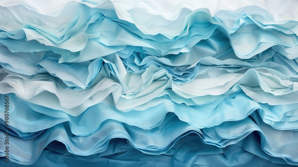 A close-up of a blue and white wall adorned with multiple layers of fabric in varying shades of blue and white A close-up of a blue and white wall adorned with multiple layers of fabric in varying shades of blue and white