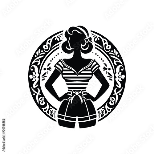 woman wearing retro fashion sailor inspired outfit with a striped top and high waisted shorts