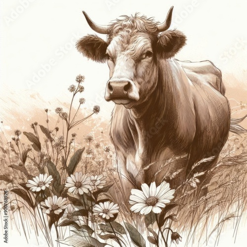 Cow, farm, goat, Hand drawing, line art, vintage line drawing cow, goat, goats, herd of cows, herd of goats, billy goat, milk, milkman, farm, engraving, house, barn, valley, fields,